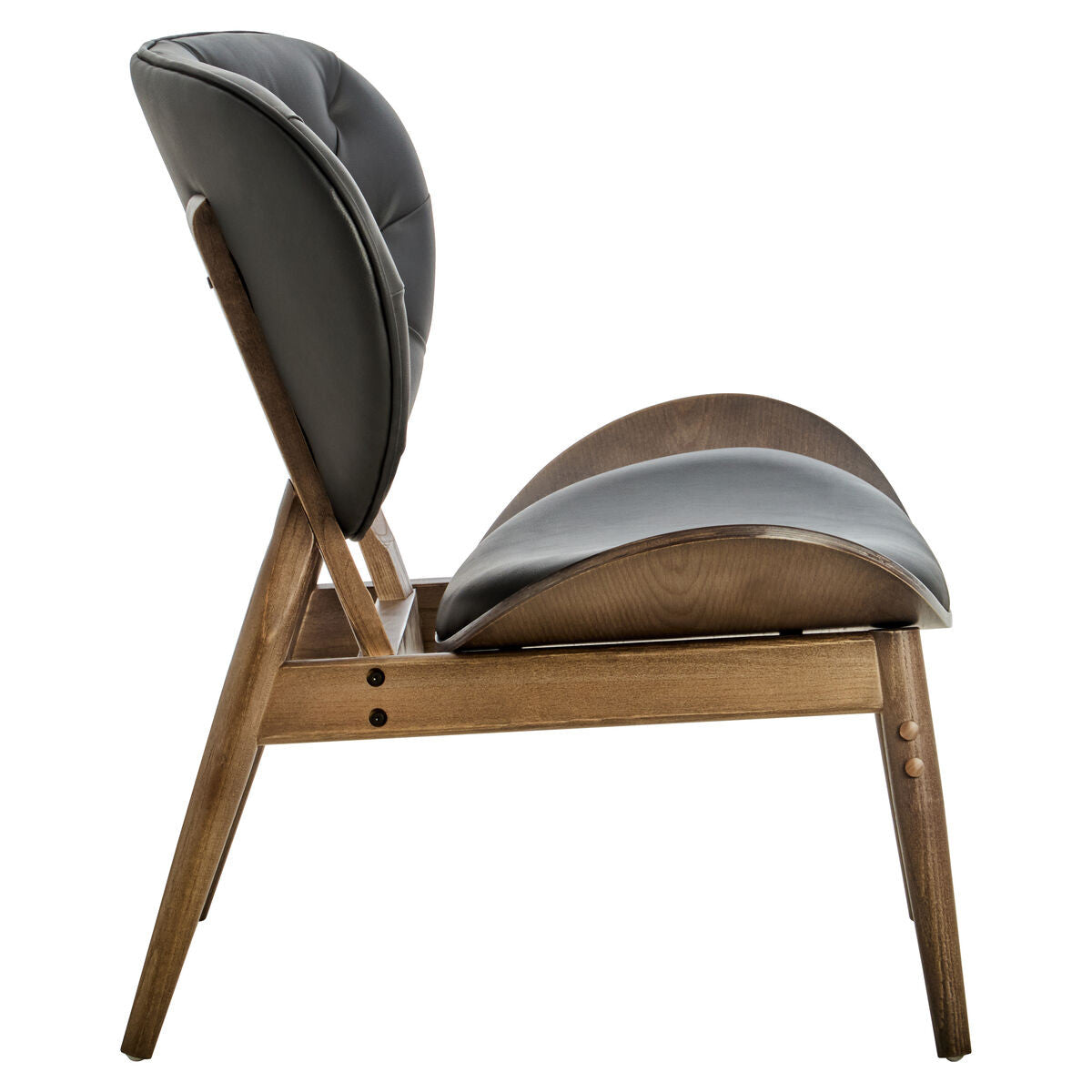 Stylish black leather effect chair featuring a curved backrest and seat, complemented by a sturdy elm wood frame.