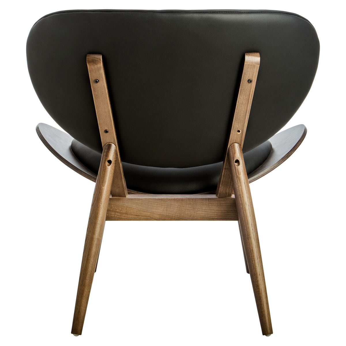 Stylish black leather effect chair featuring a curved backrest and a sleek elm wood frame.