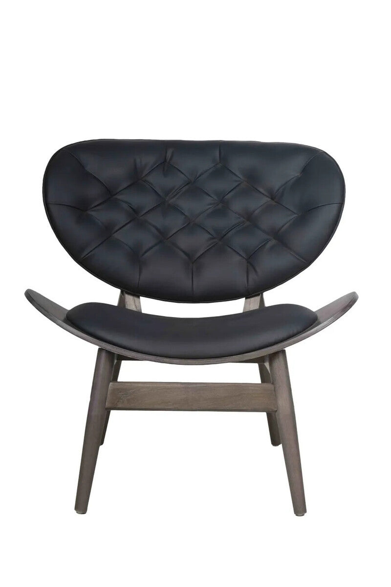 Stylish black leather effect chair featuring a curved backrest with diamond tufting and a smooth seat, supported by a sturdy elm wood frame with a natural finish.