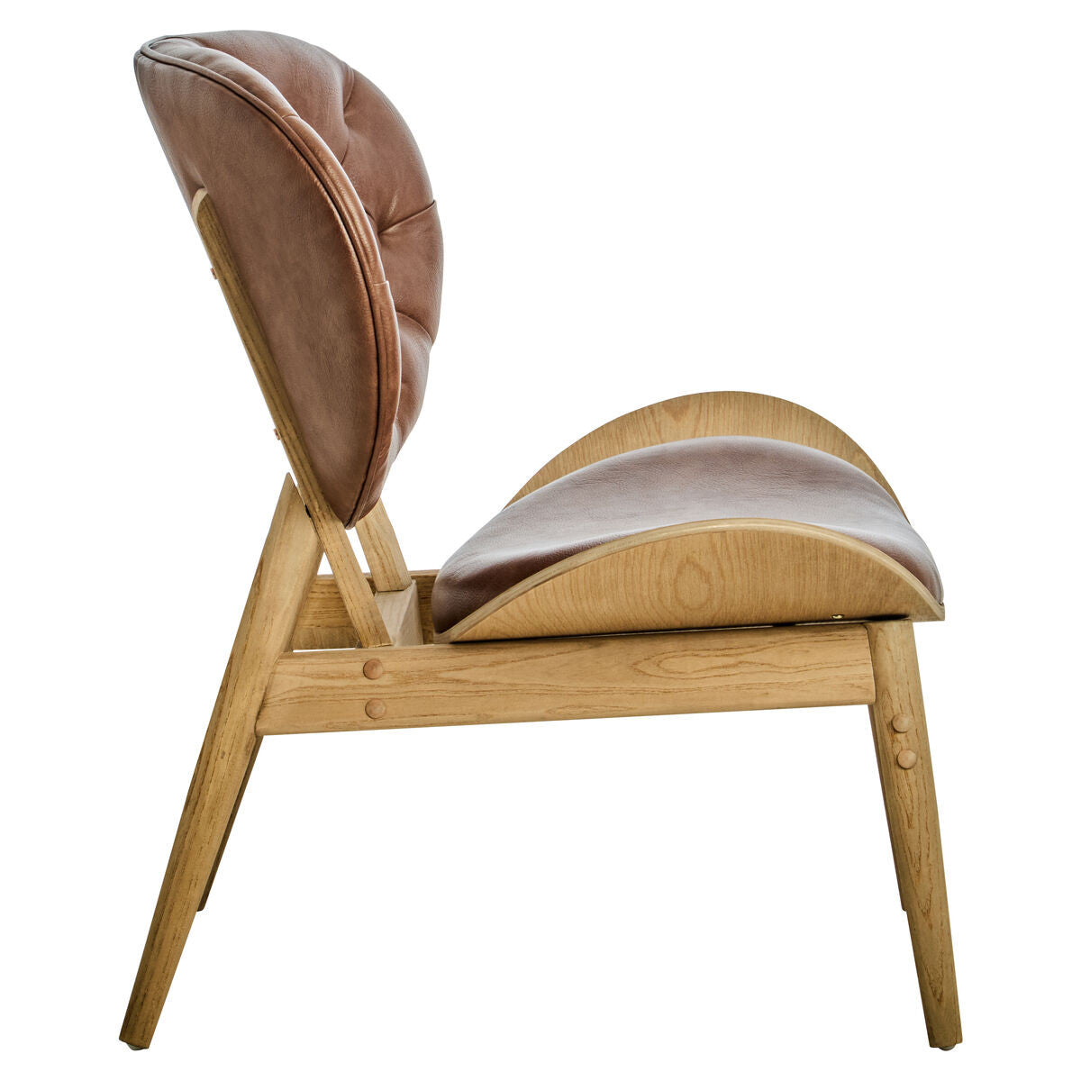 Brown leather effect chair featuring a tufted backrest and a sleek, curved seat design.