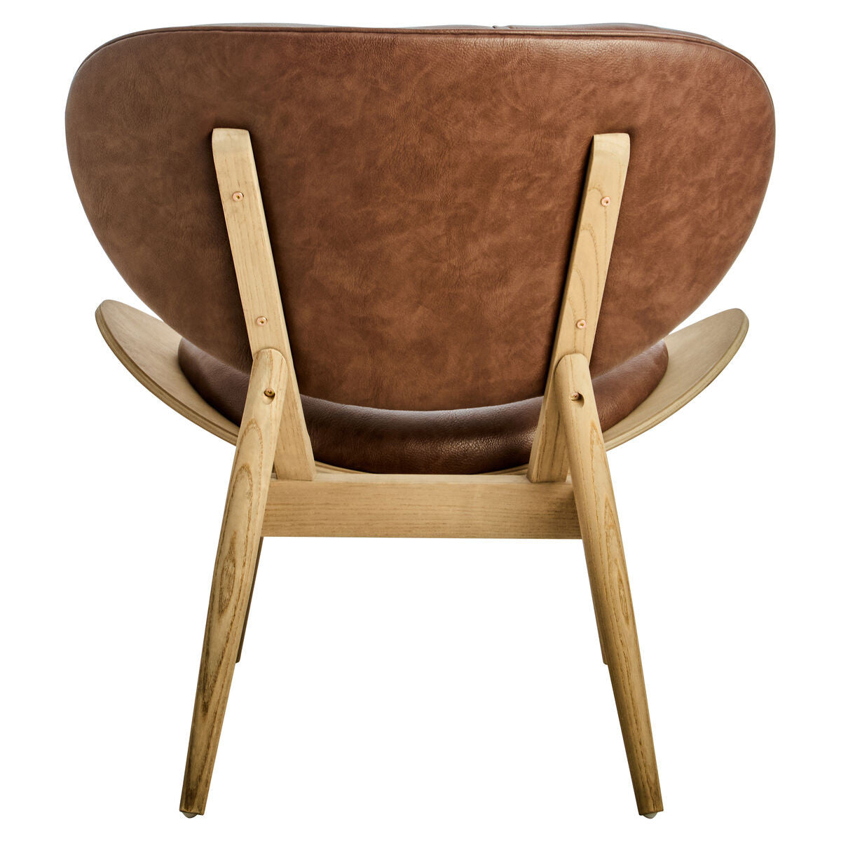 Brown leather effect chair featuring a curved backrest and a comfortable seat, supported by a sturdy elm wood frame with angled legs.