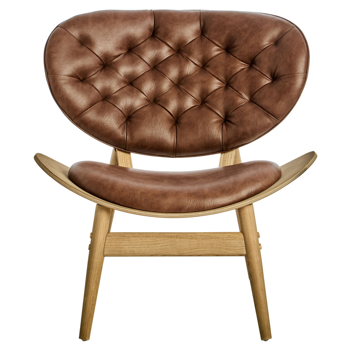Brown leather effect chair featuring a tufted backrest and a smooth, curved seat.