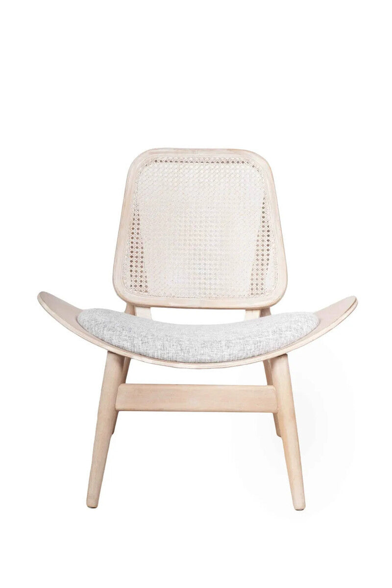 Stylish grey fabric chair featuring a curved cane backrest and a comfortable foam seat, supported by light washed elm wood legs.