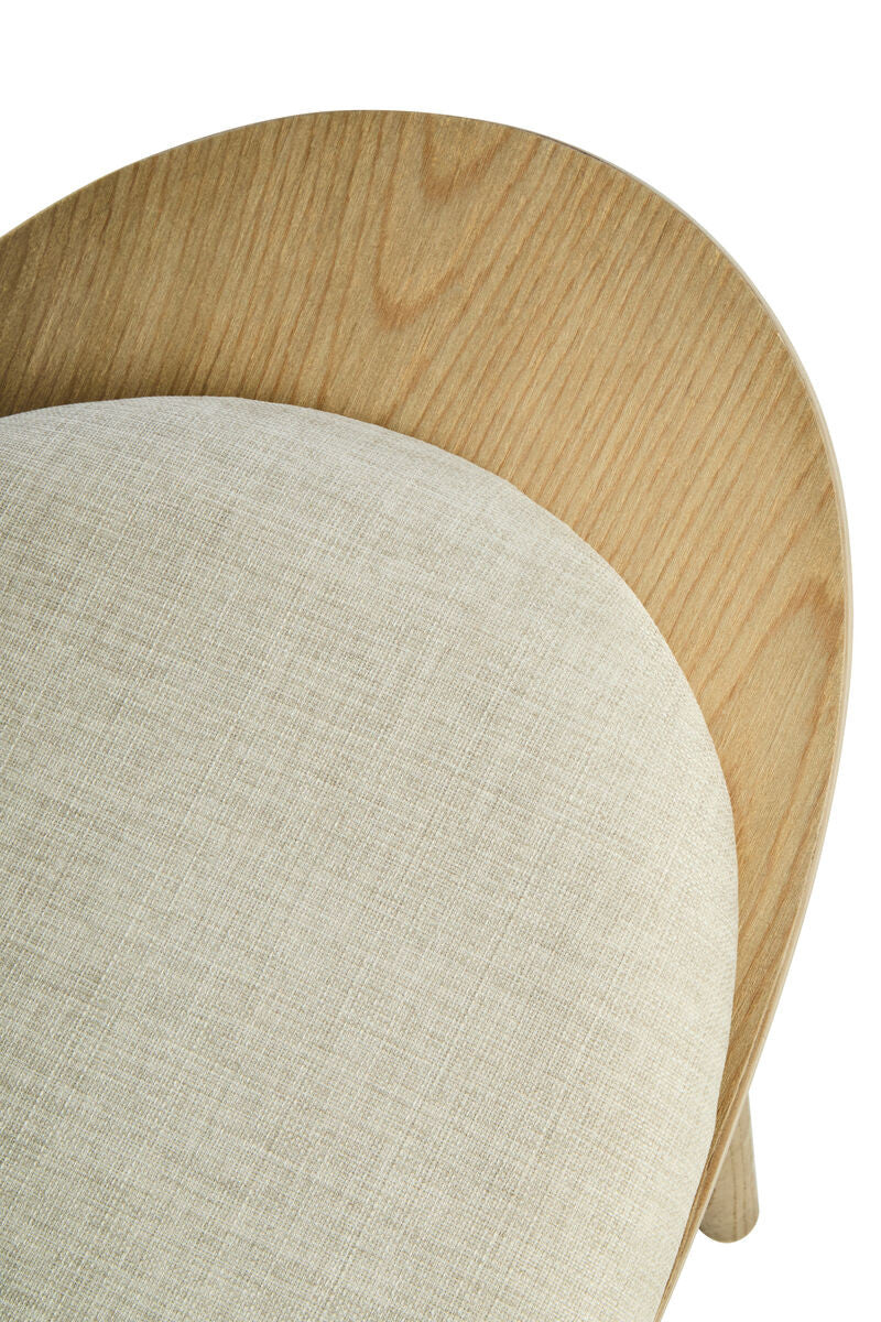 Beige fabric chair featuring a rounded seat with a textured finish, complemented by a natural washed elm wood backrest and legs.