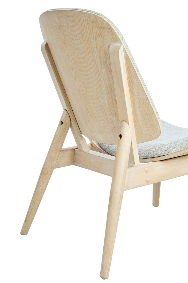 Grey fabric chair featuring a washed elm wood frame, showcasing a smooth, curved backrest and tapered legs. The seat is cushioned for comfort, with a subtle texture in the fabric.