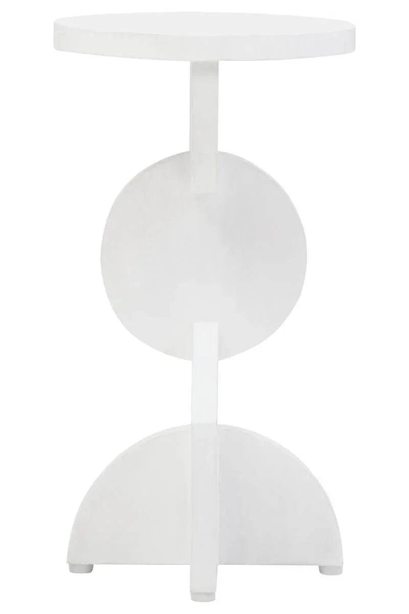 White round side table with modern geometric base design, viewed from the front