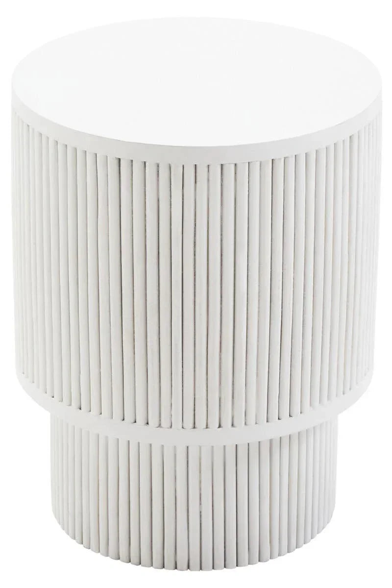 White ribbed side table with cylindrical design and vertical grooves