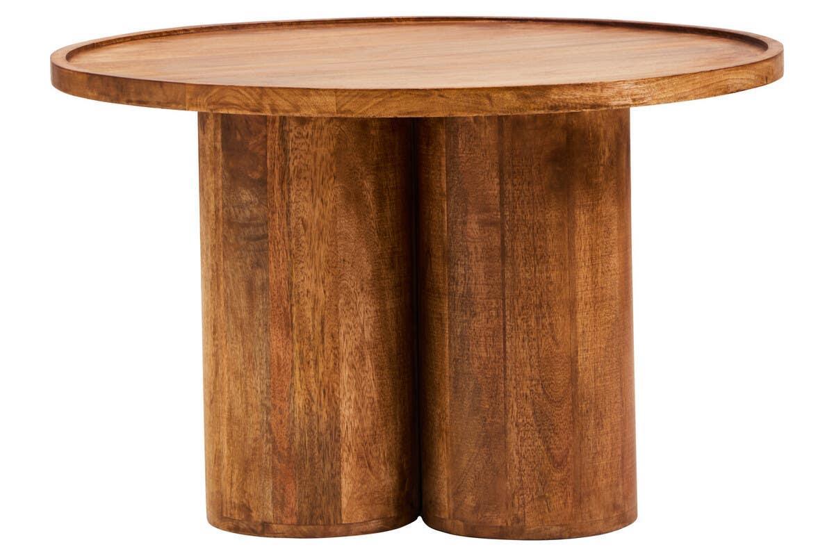 Round solid wood dining table with twin cylindrical bases and natural wood finish