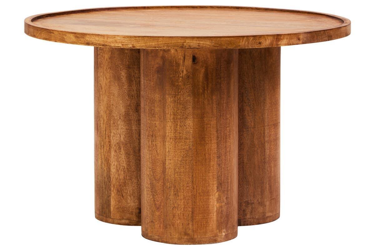 Round wooden dining table with cylindrical legs and smooth finish