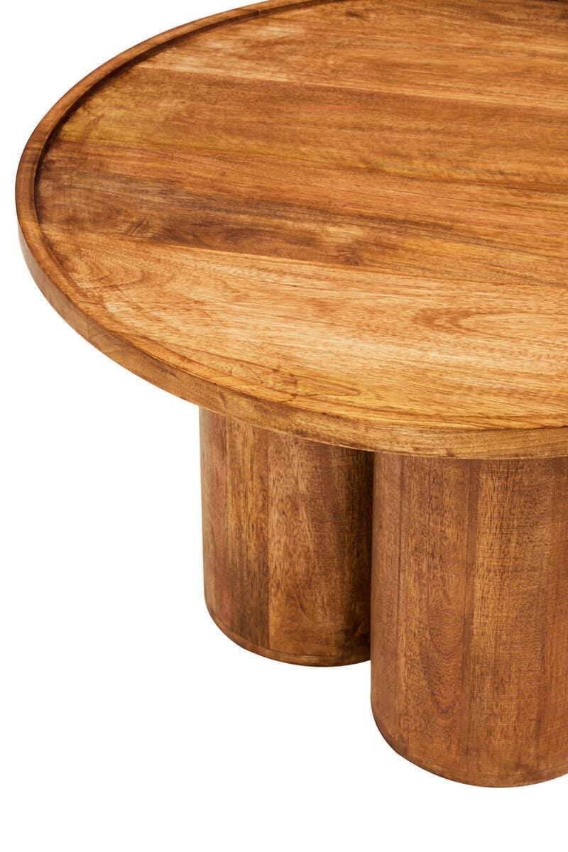 Round solid wood coffee table with cylindrical legs and natural finish