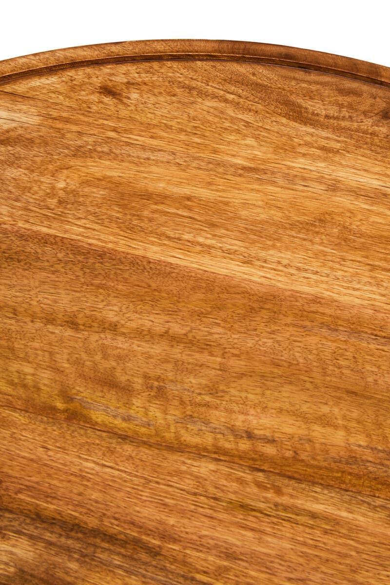Close-up of round wooden tabletop with natural grain texture and smooth polished finish