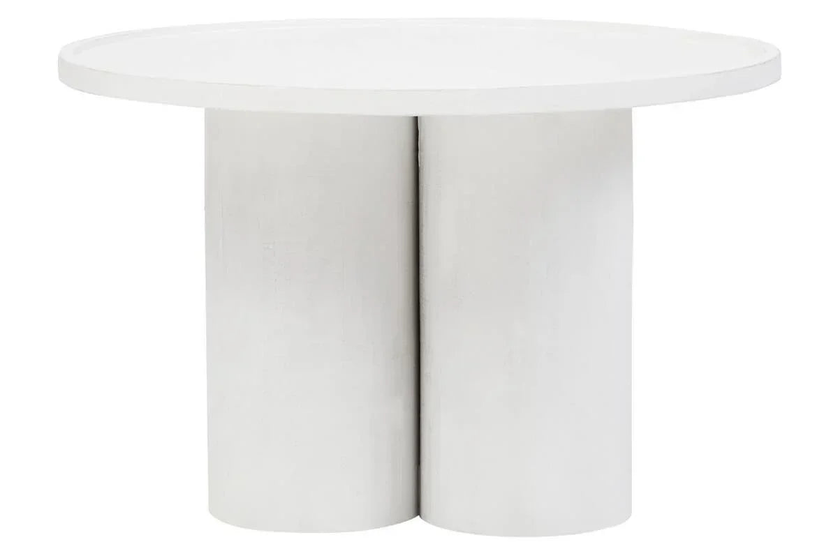 Round white dining table with double cylindrical base, modern minimalist design