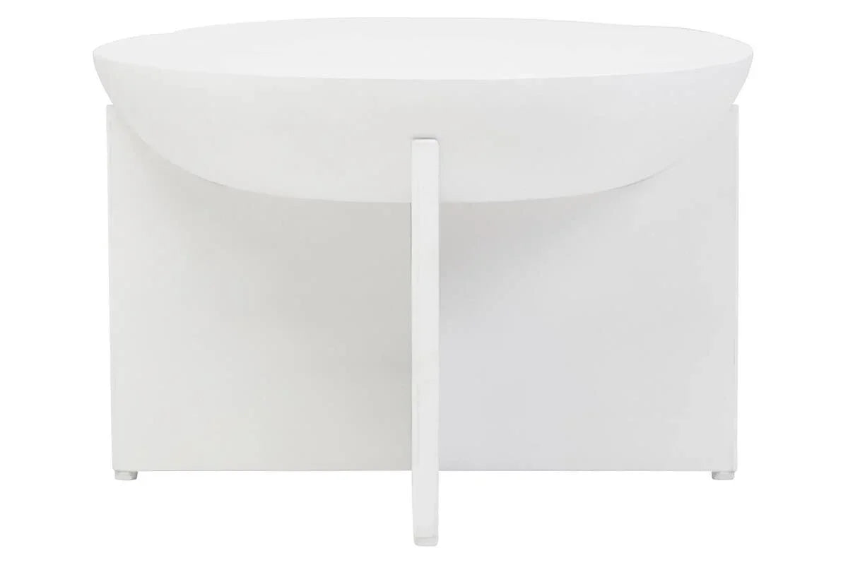 White modern accent table with round top and geometric base, front view