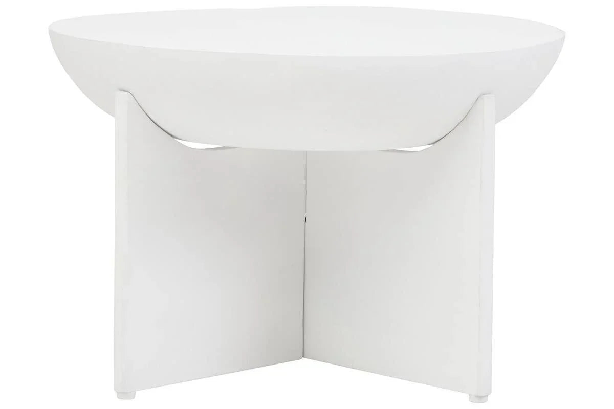 Modern white coffee table with round top and geometric base, front view