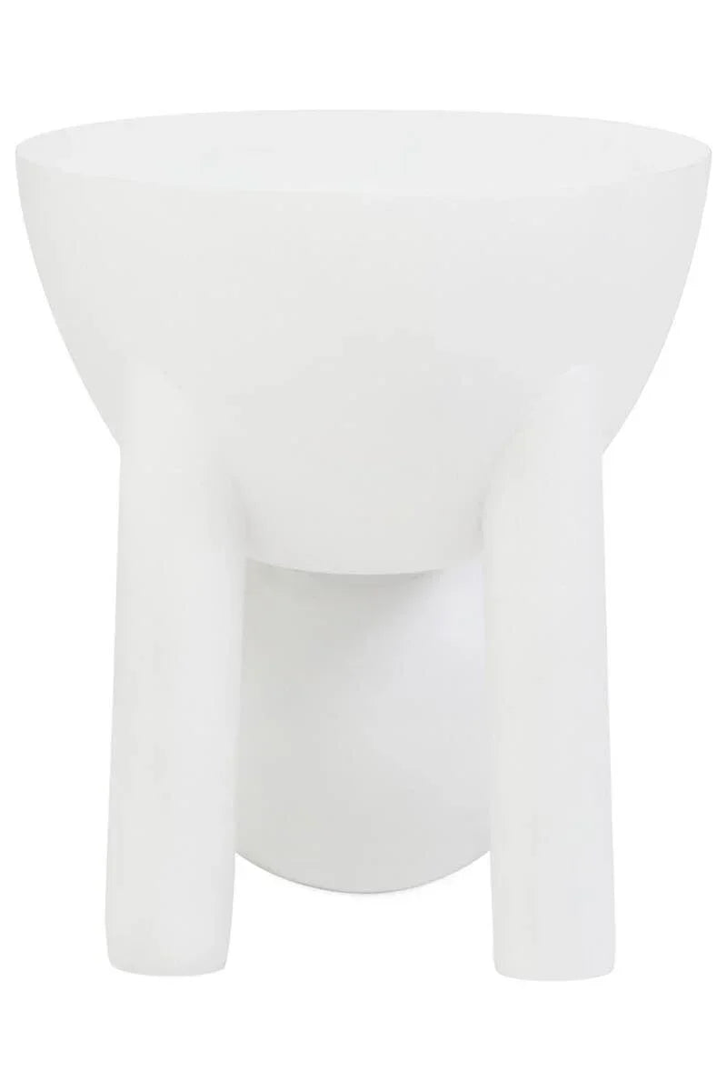 White modern side table with three cylindrical legs and round top
