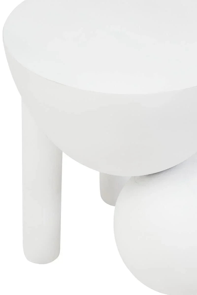 White round side table with three straight legs and spherical base detail