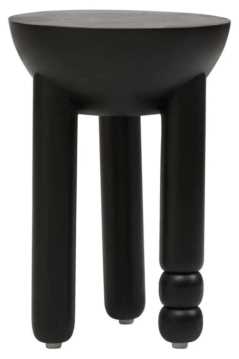 Black round side table with sculpted legs and geometric design