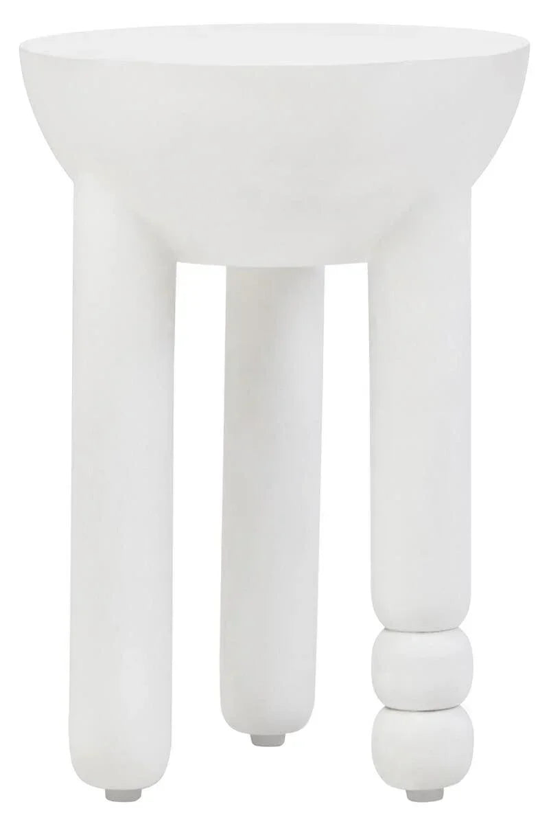 White side table with three chunky legs and round top, one leg features stacked spheres