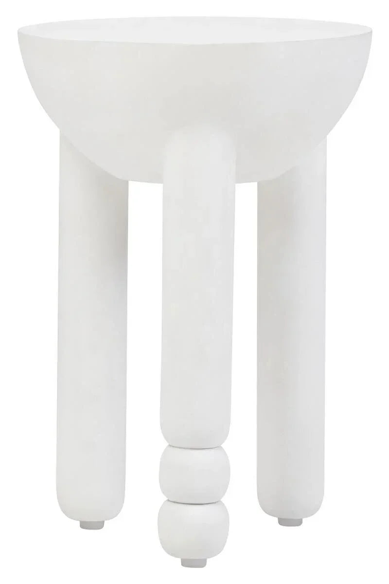 Modern white side table with round top and textured cylindrical legs