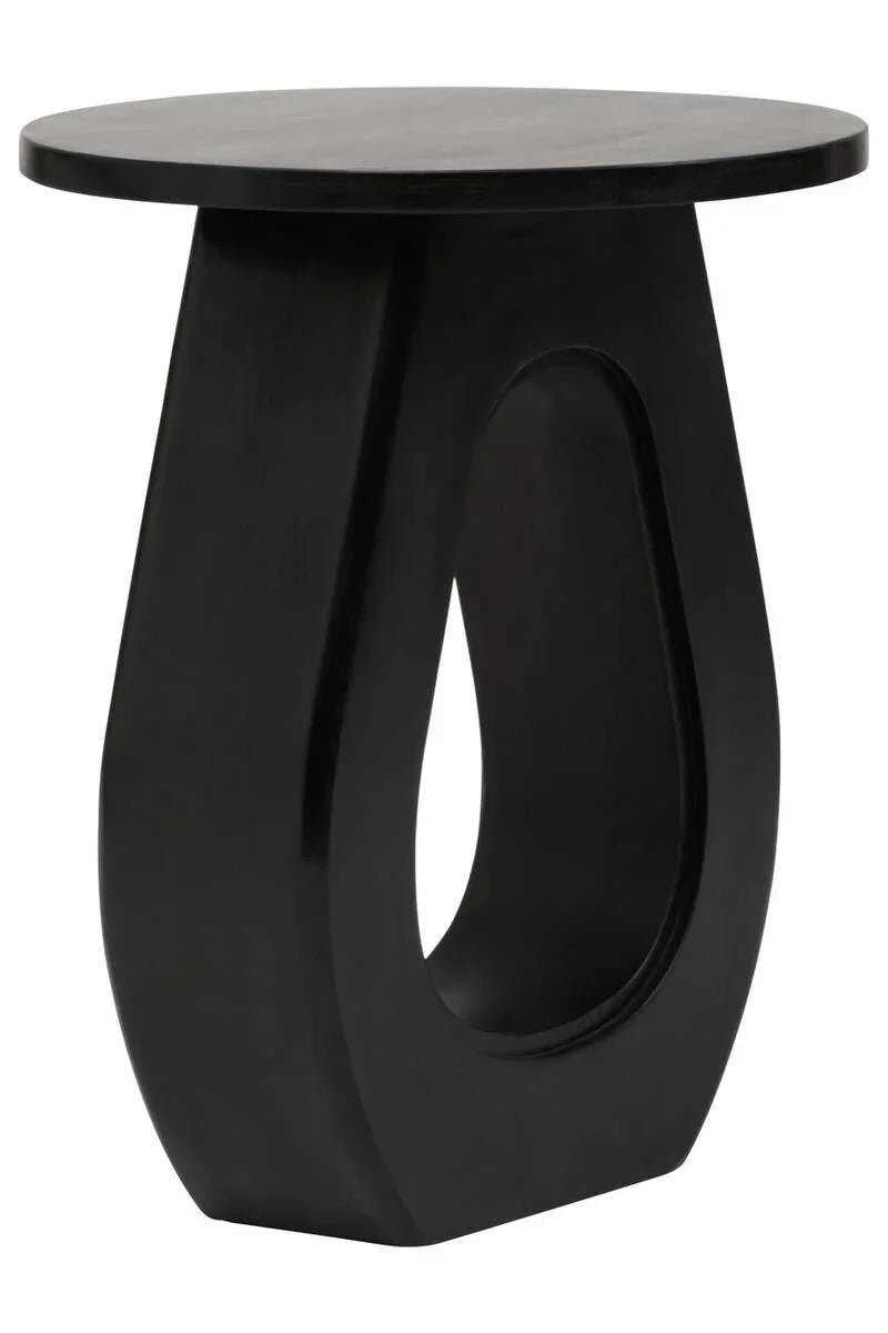 Black wooden side table with oval cutout base and round top, modern accent furniture