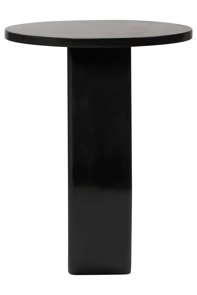 Black round side table with a single rectangular pedestal base, modern minimalist design