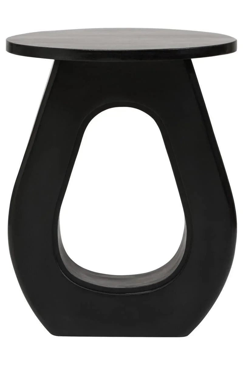 Black modern side table with sculptural open base and round top
