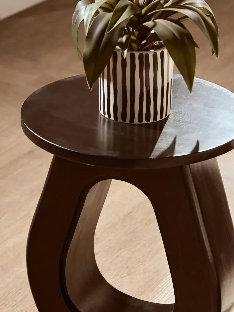 Dark wood side table with open base and potted plant on top, shown in natural light