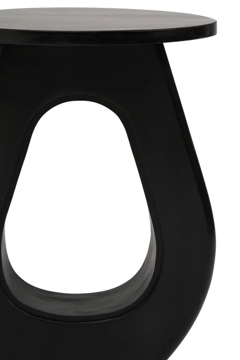 Black modern side table with sculpted open base and round top