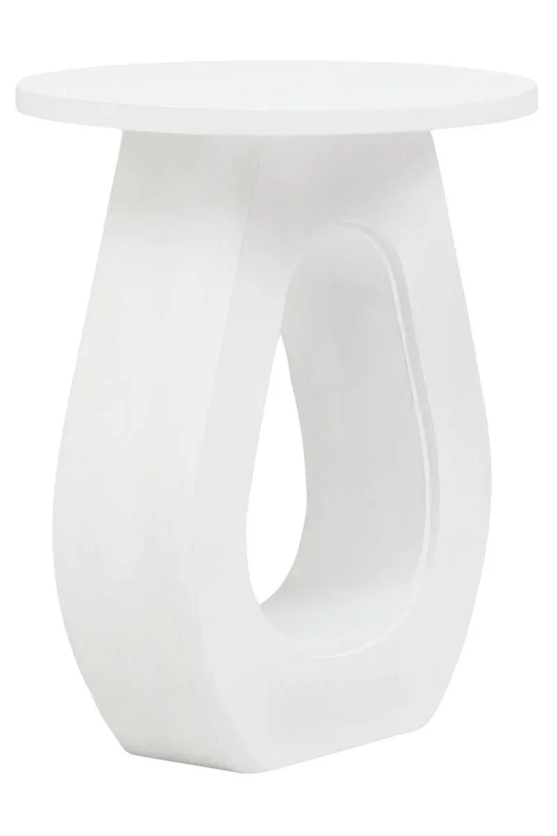 Modern white side table with sculpted base and round top