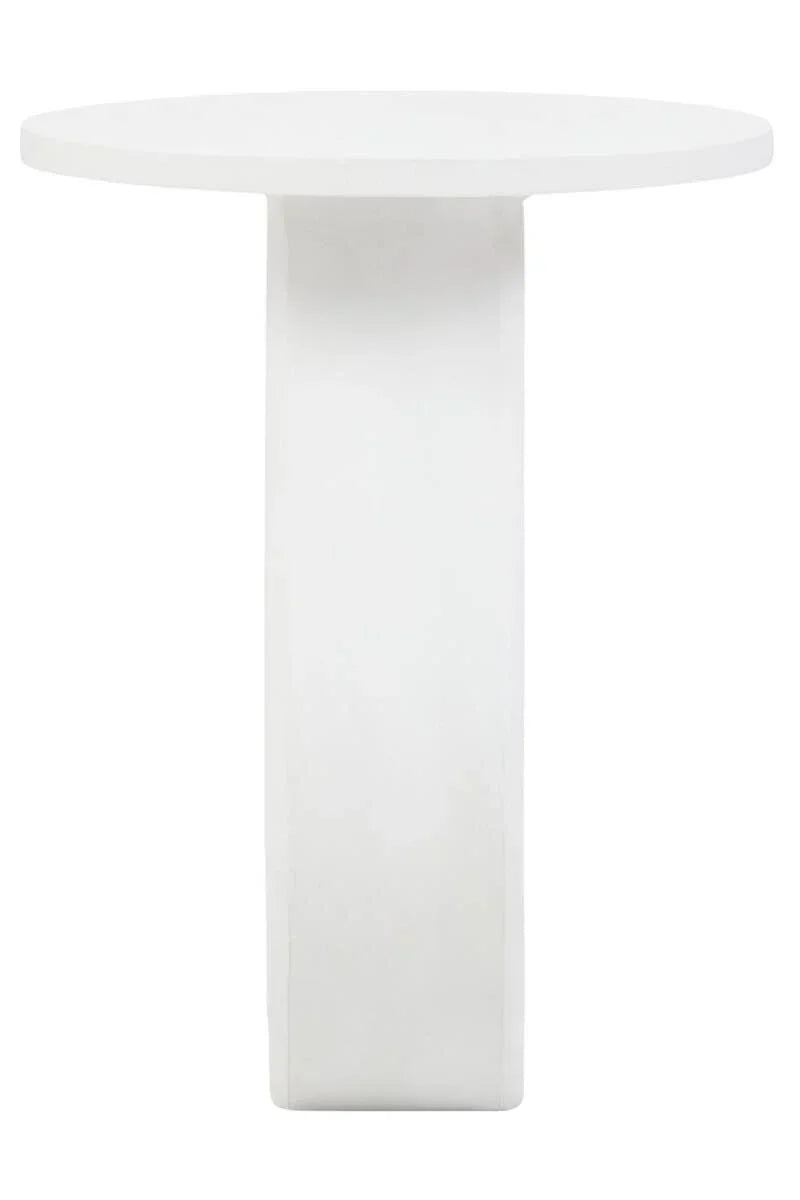 White round dining table with modern single pedestal base, front view