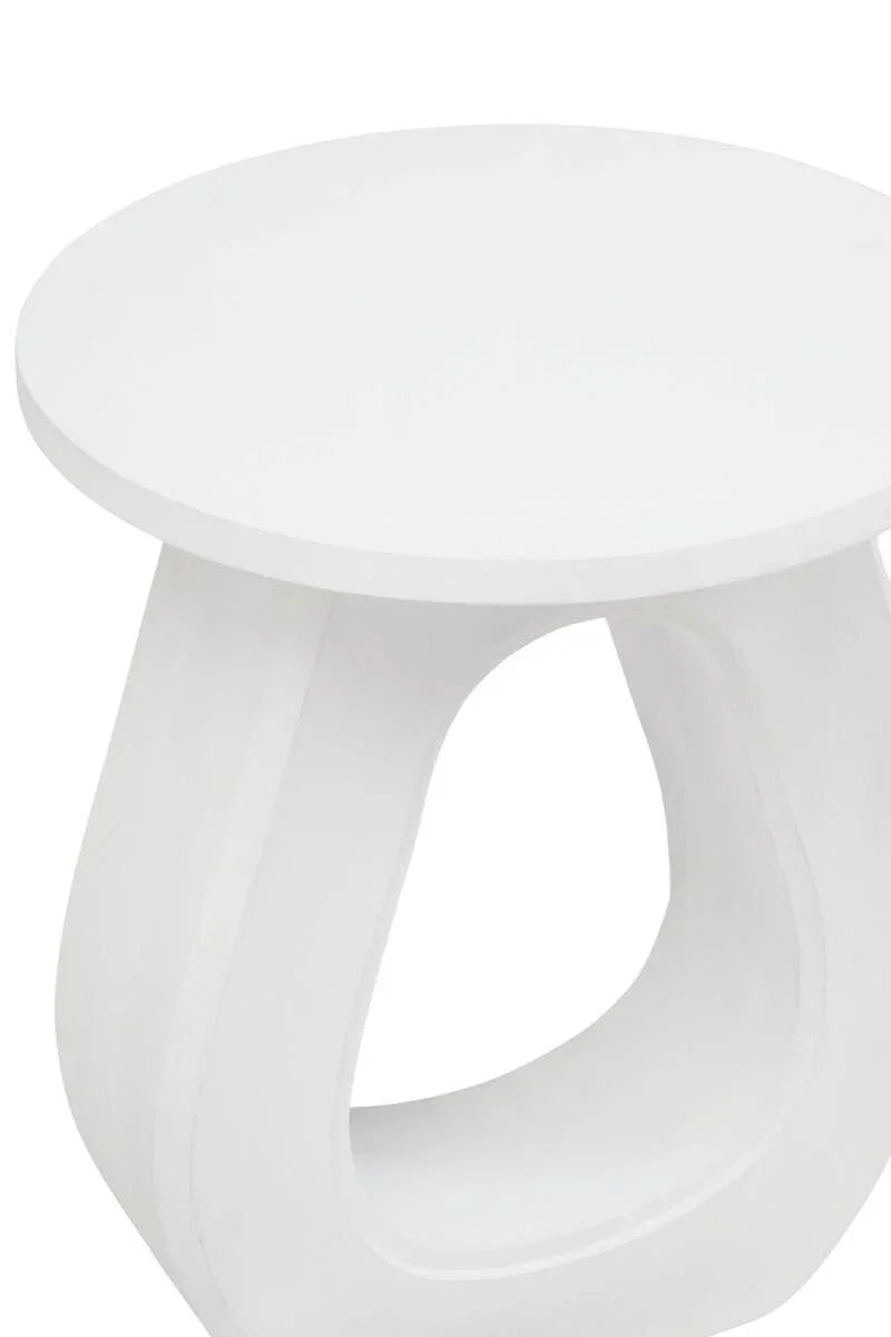 White modern round side table with open geometric base