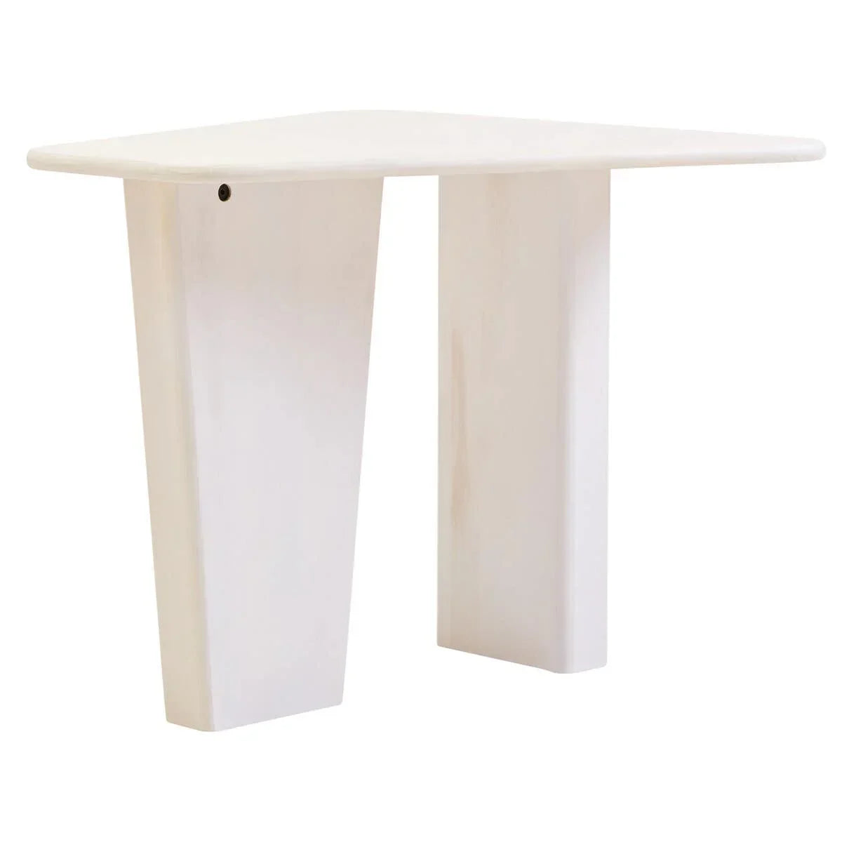 White wooden corner table with two wide legs and rounded edge design