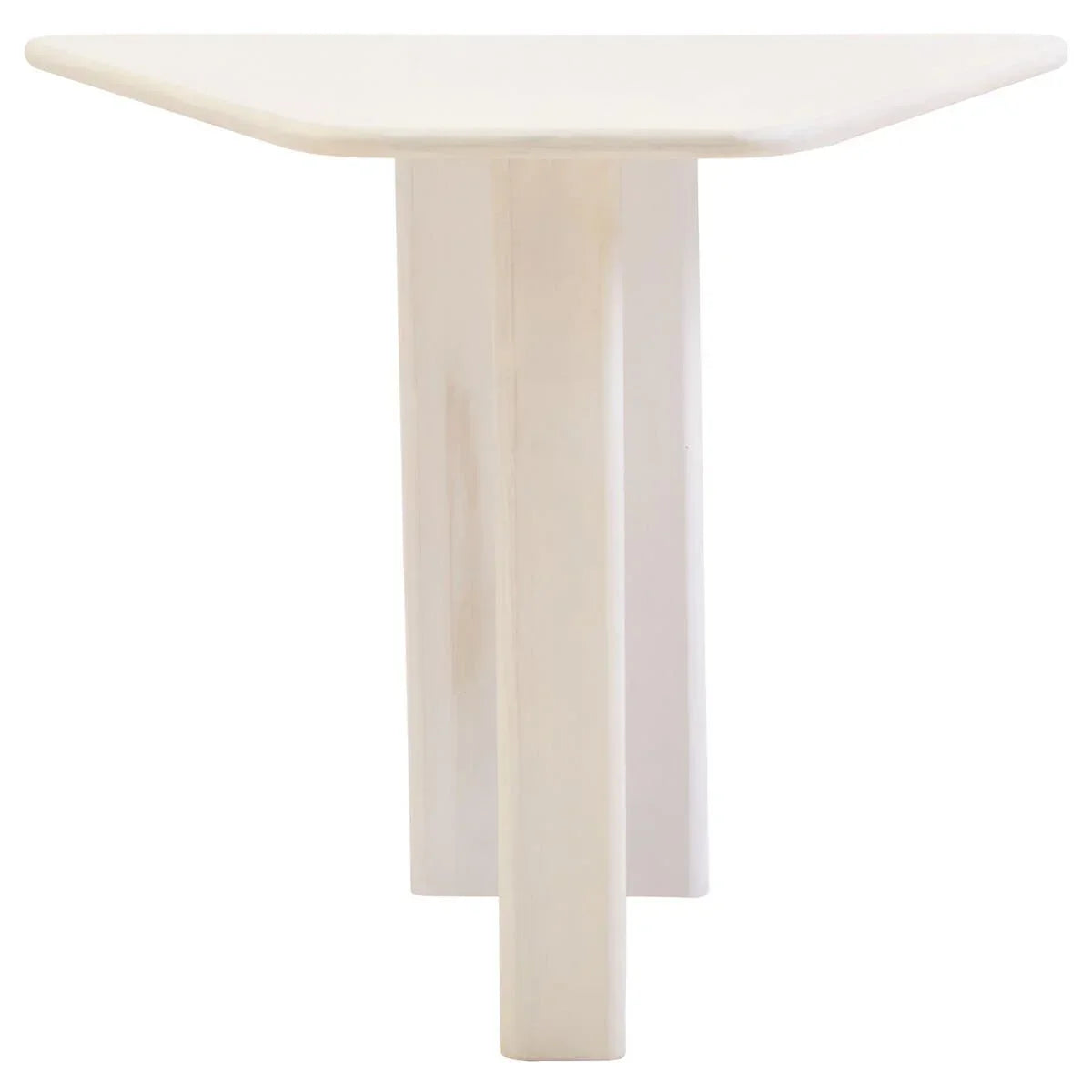 White wooden dining table with angled legs, close-up front view
