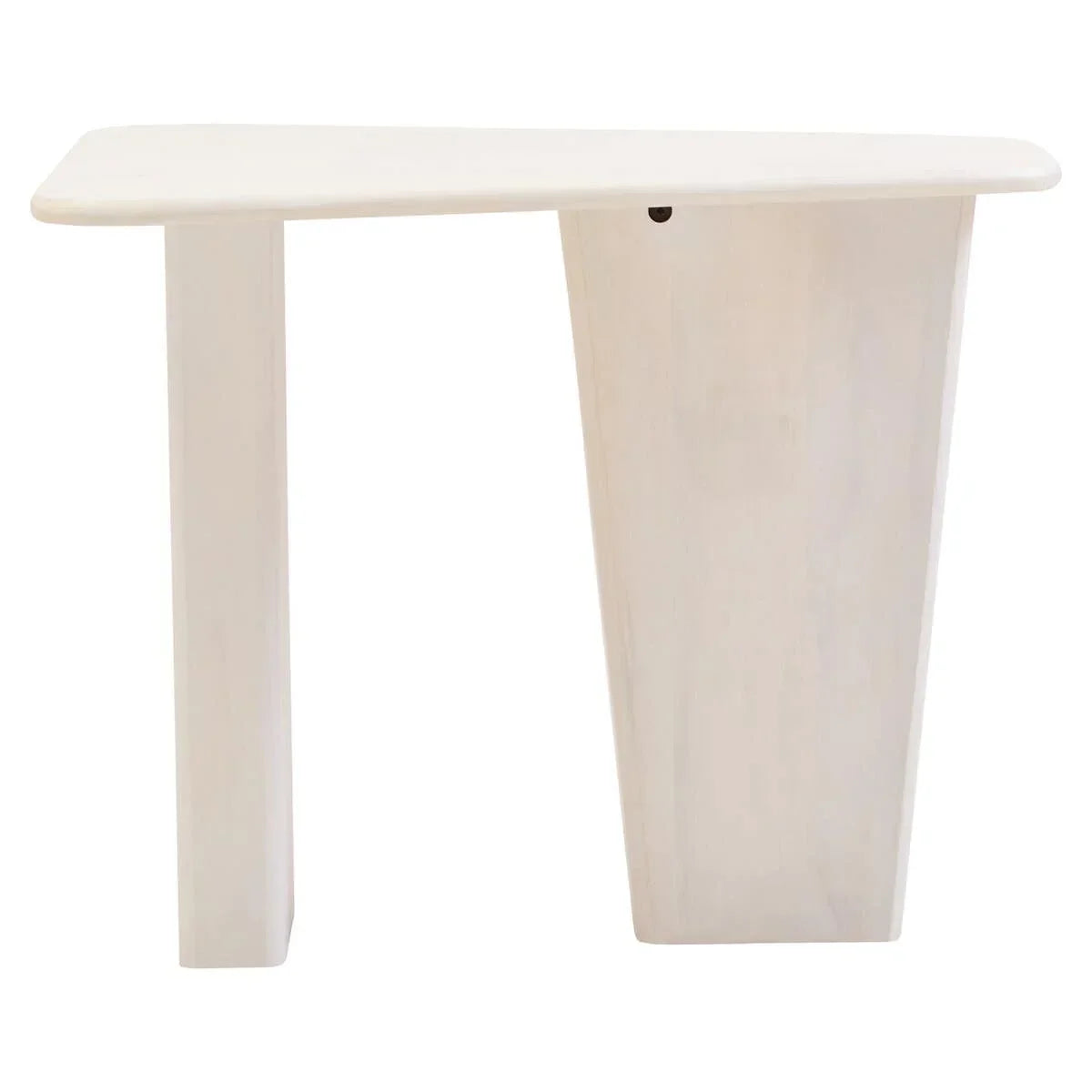 Modern white wooden console table with asymmetrical geometric base and smooth top
