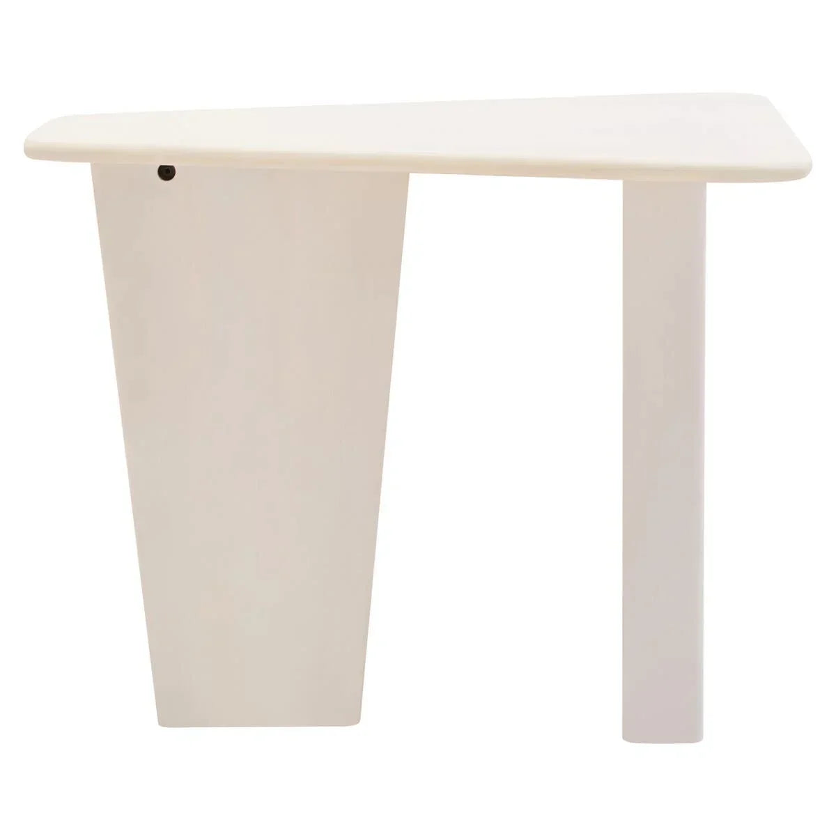Modern cream console table with asymmetrical legs and smooth rectangular top