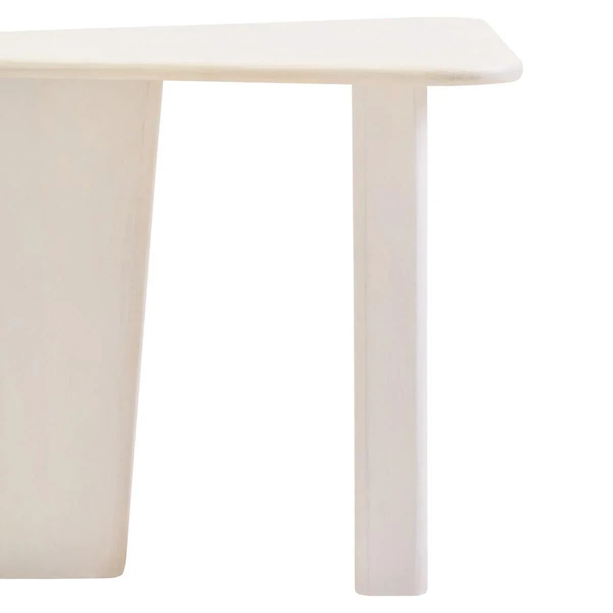 Close-up of white wooden table leg and edge, modern furniture design, angled view