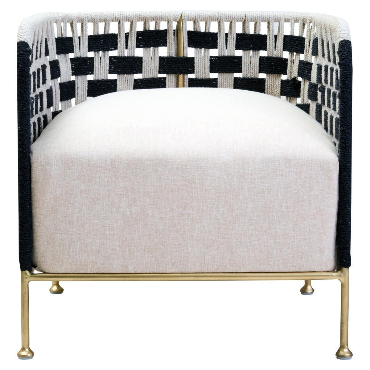 Modern accent chair with cream cushion, black woven backrest, and gold metal legs, front view