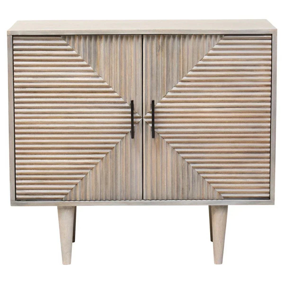Two door wooden sideboard with geometric carved front and angled legs