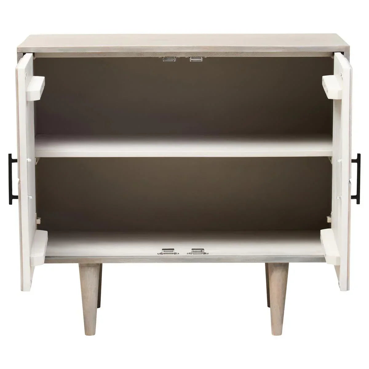 Wooden sideboard cabinet with two open doors and interior shelf, light finish