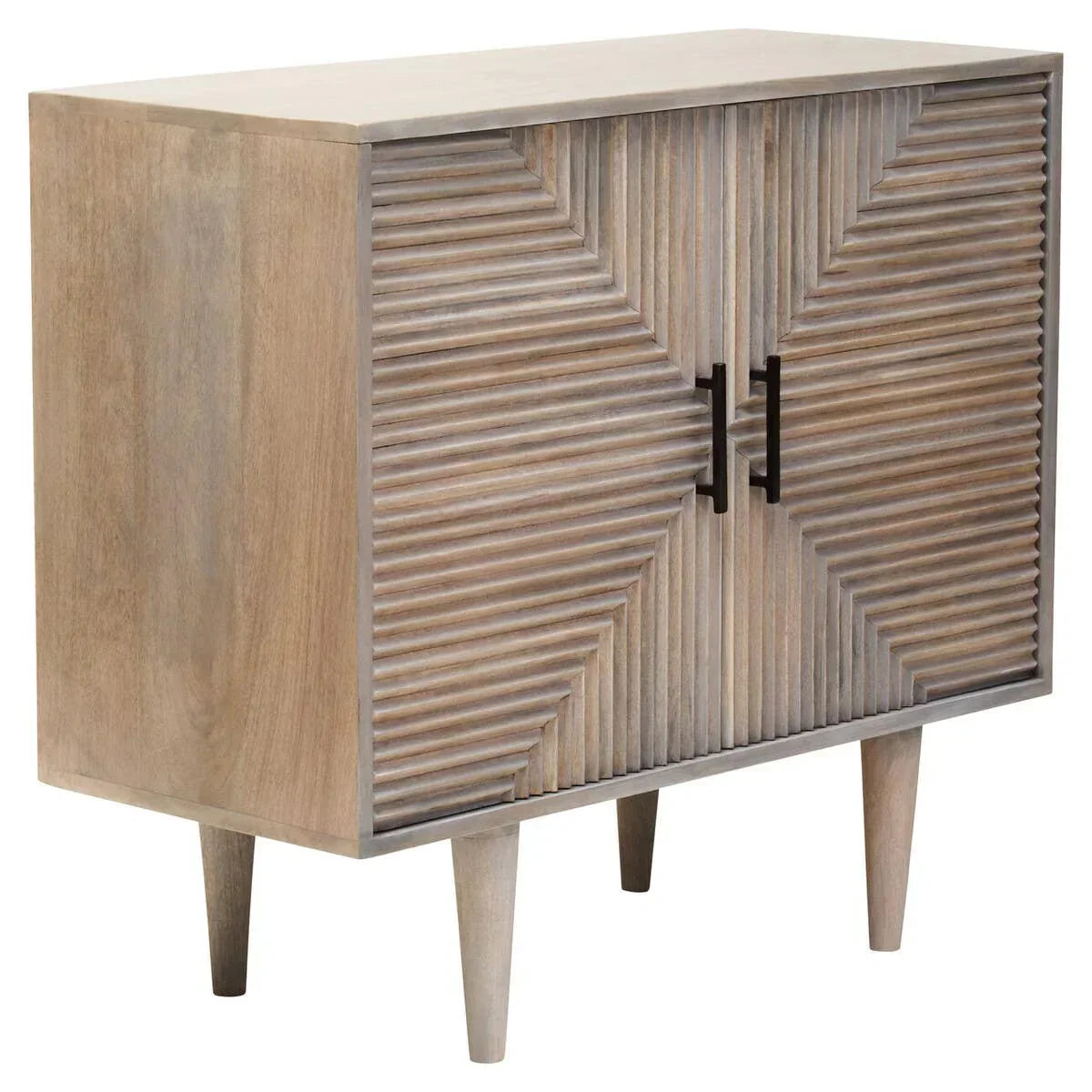 Wooden sideboard with textured geometric doors and black handles on angled legs
