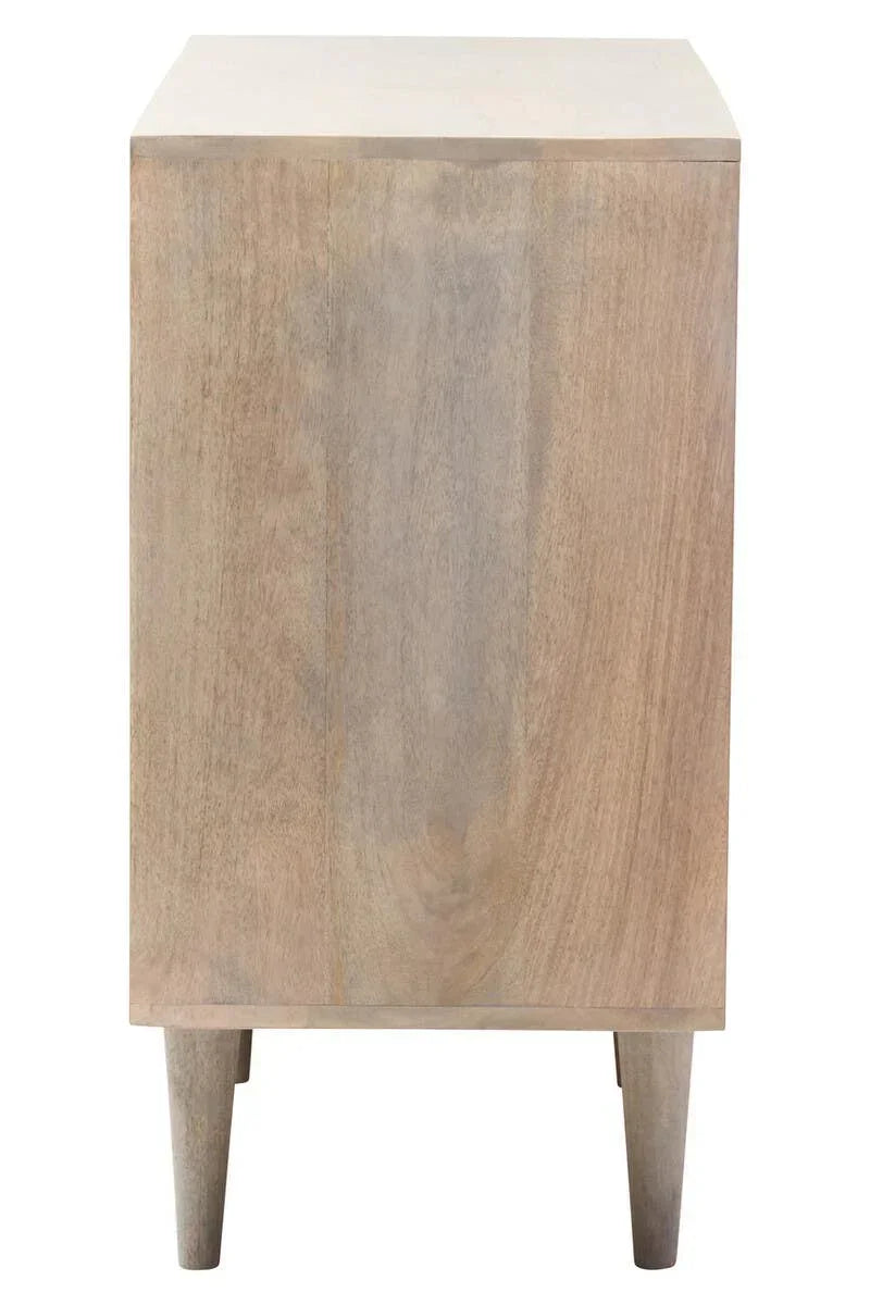 Light wood bedside table with straight legs, side view showing natural grain finish