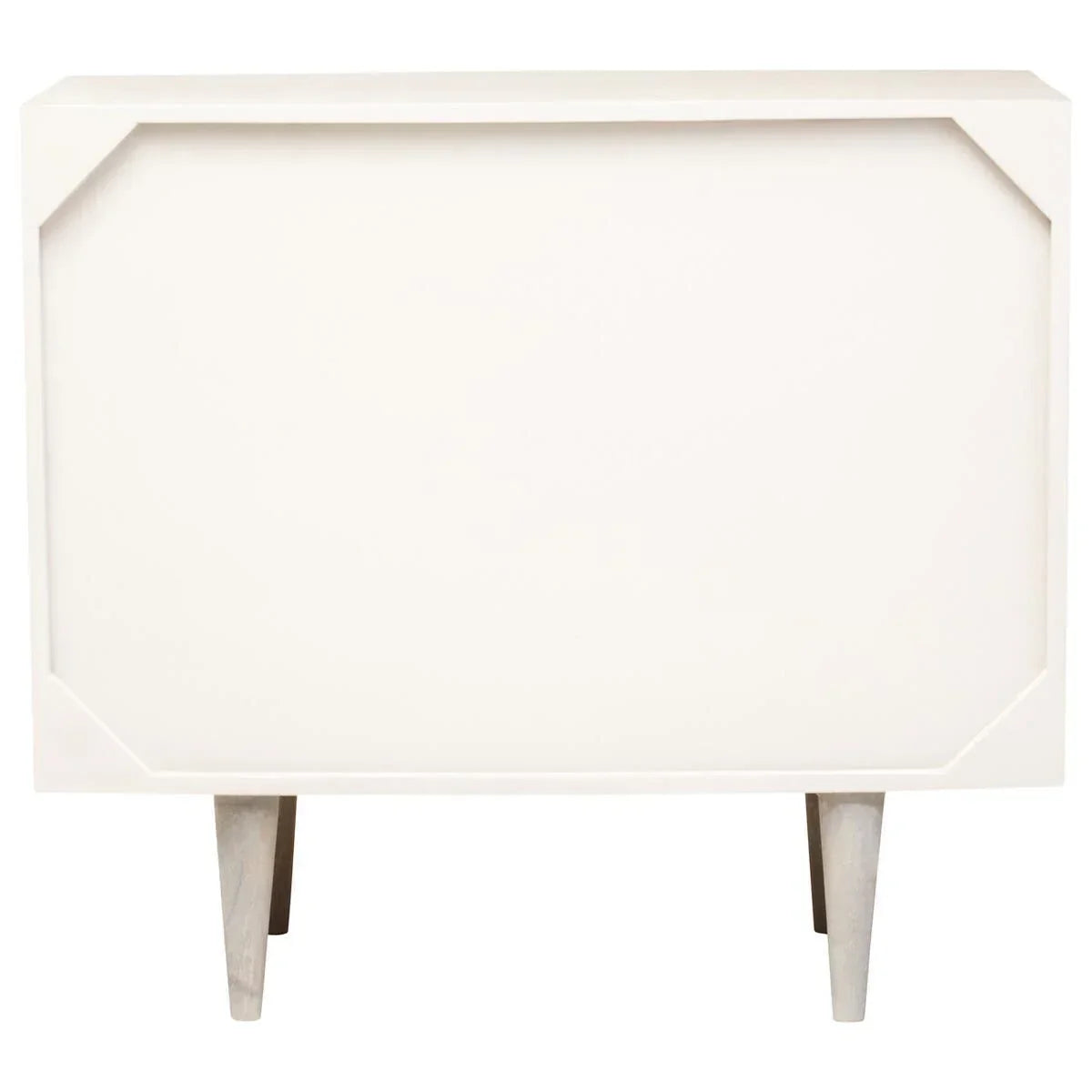 White wooden sideboard cabinet with angled legs and geometric trim detail
