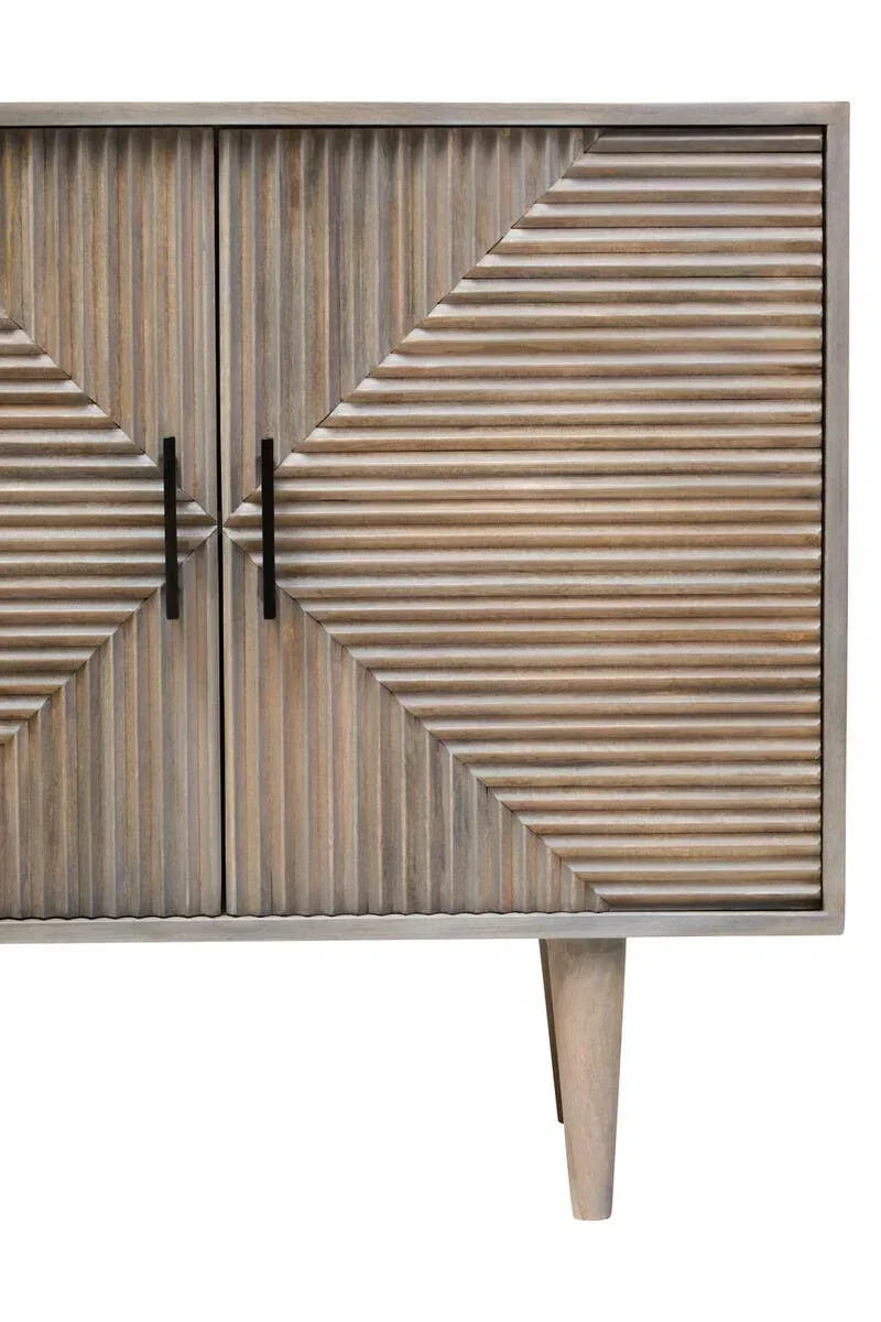 Wooden sideboard with geometric carved doors and black handles, light oak finish, front angle