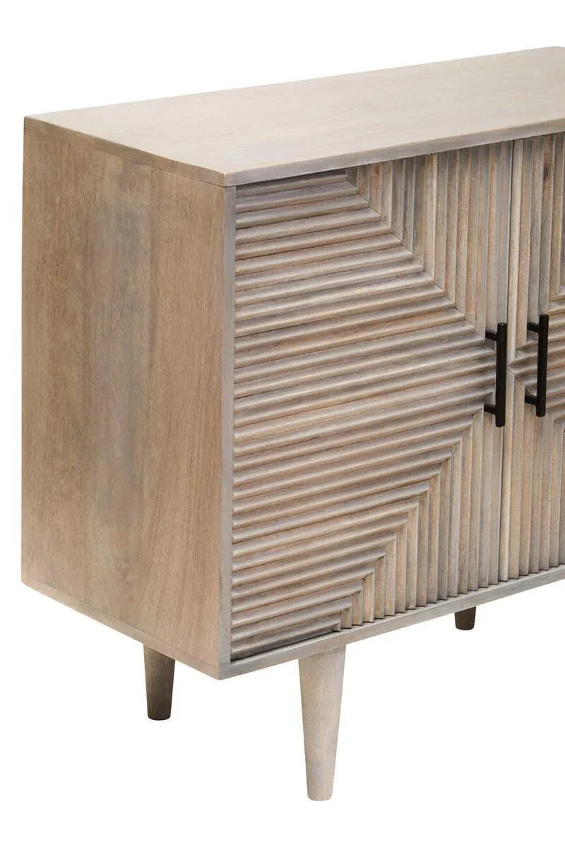 Light wood sideboard with ribbed geometric cabinet doors and black metal handles