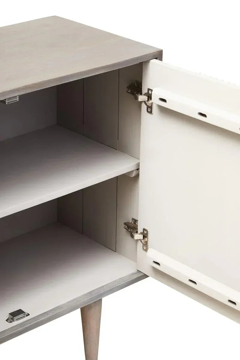 Wooden cabinet with open door and interior shelf, light finish, angled legs visible
