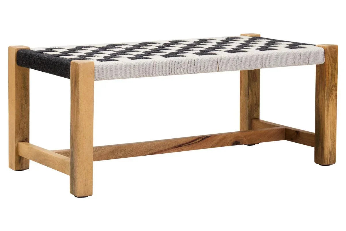 Rectangular wooden bench with black and white woven seat, angled view