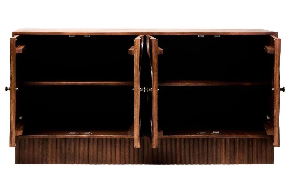 Walnut sideboard with open doors showing interior shelves and grooved wooden base