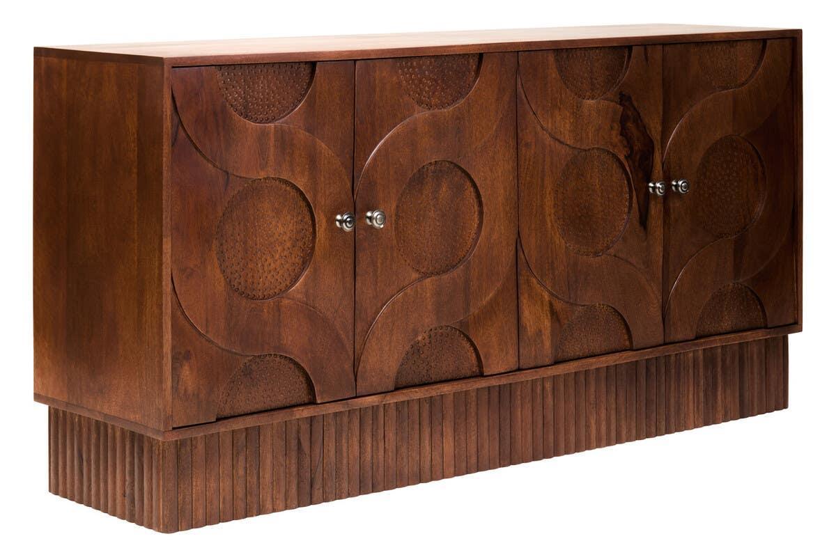Brown wooden sideboard with carved circular pattern and ribbed base, front angle view