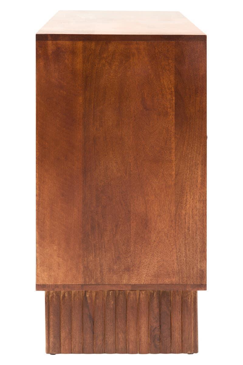 Side view of wooden bedside table with smooth finish and grooved base detail