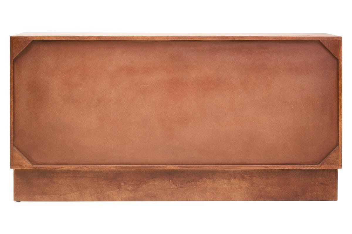 Rectangular wooden sideboard with smooth brown finish and raised base